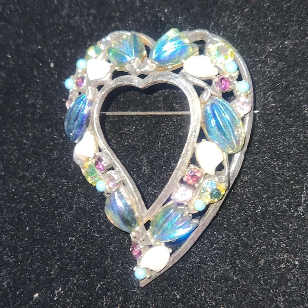 Vintage Florenza Heart Brooch Silver Tone Blue AB Rhinestone and stone Pin